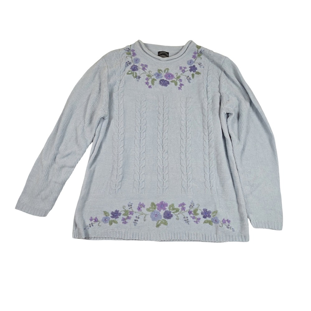 Carolyn Taylor Vintage Light Blue Chenille Floral Embroidered Cable Sweater XL